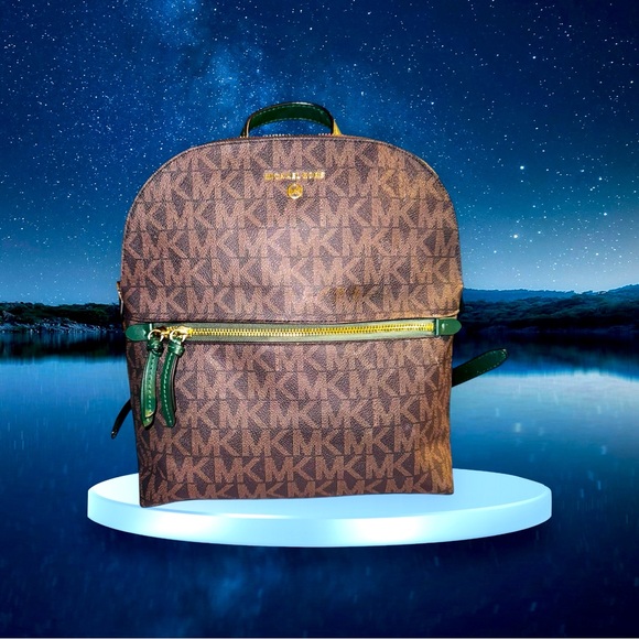 MICHAEL KORS "Dallas" MD SLIM Backpack MK Signature Brown & Green EUC - Picture 1 of 12